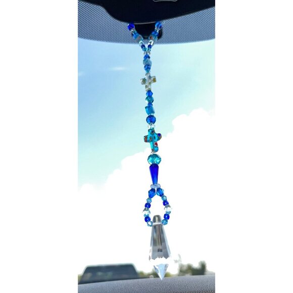 Beaded Suncatcher Rearview Mirror Ornament Cross Blue Crystal Prism Car Charm - Picture 2 of 10